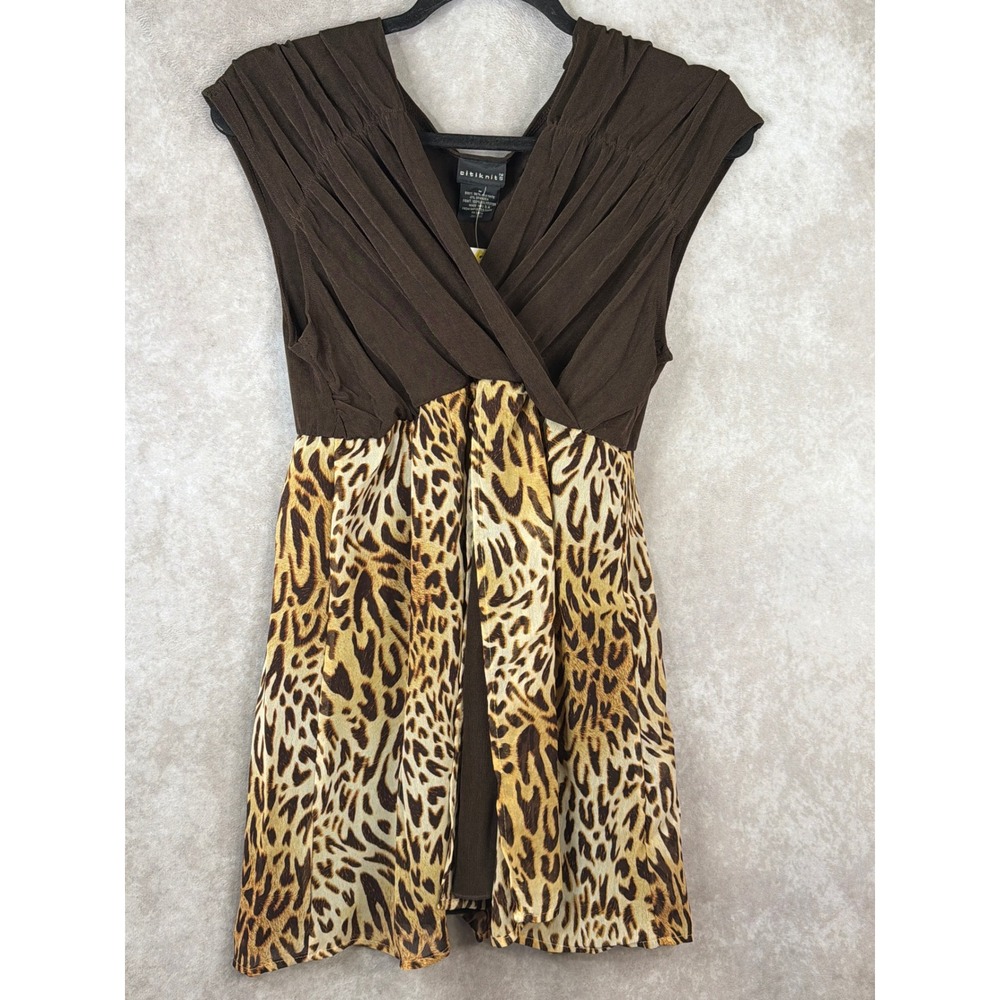 NWT Y2K Citiknits Women's Brown Leopard Print Faux Wrap Mini Dress/Tunic Size M‎